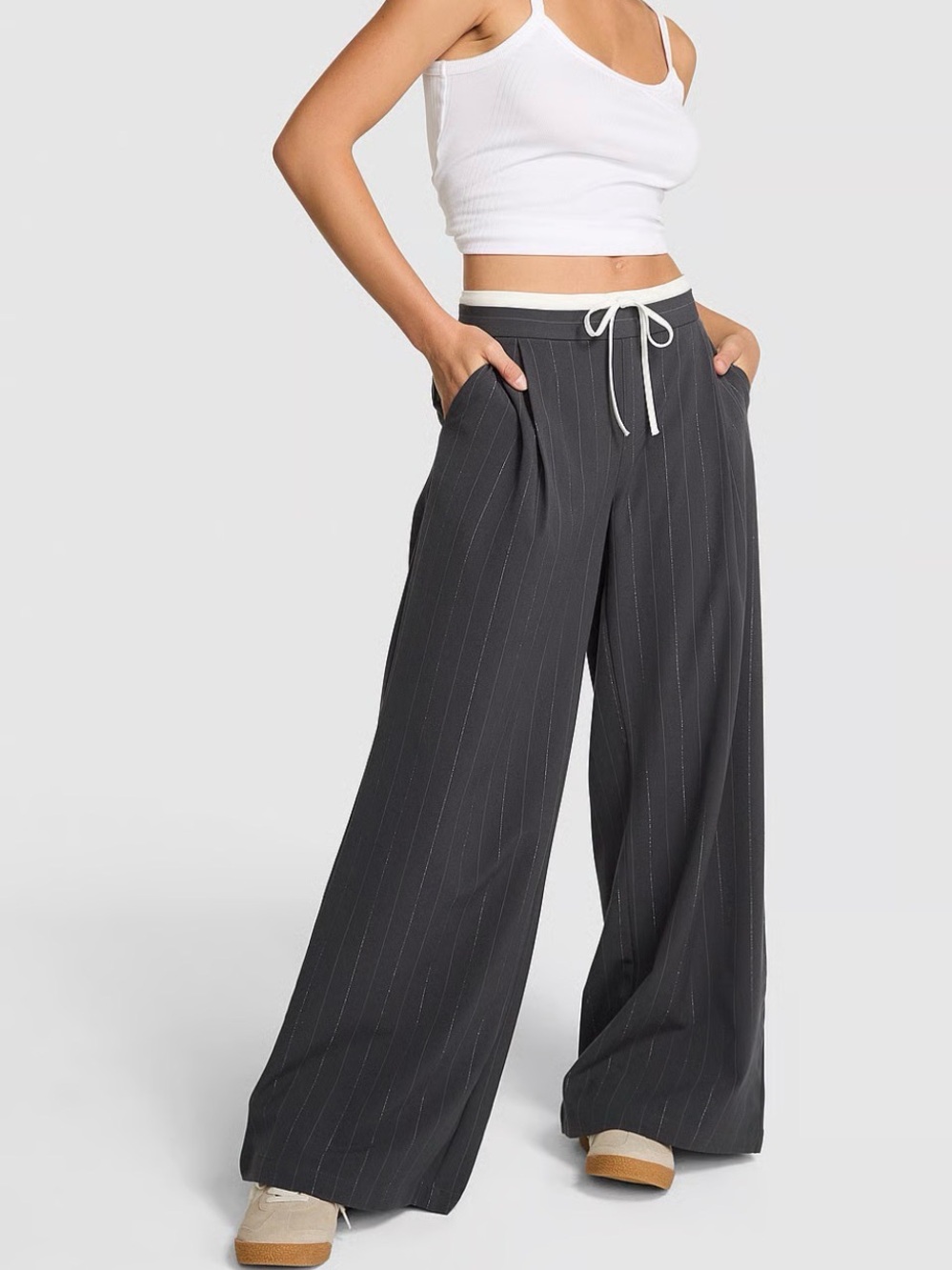 PINK On the go Lowrise Pinstripe Wide-Leg Drawstring Pants NWT
